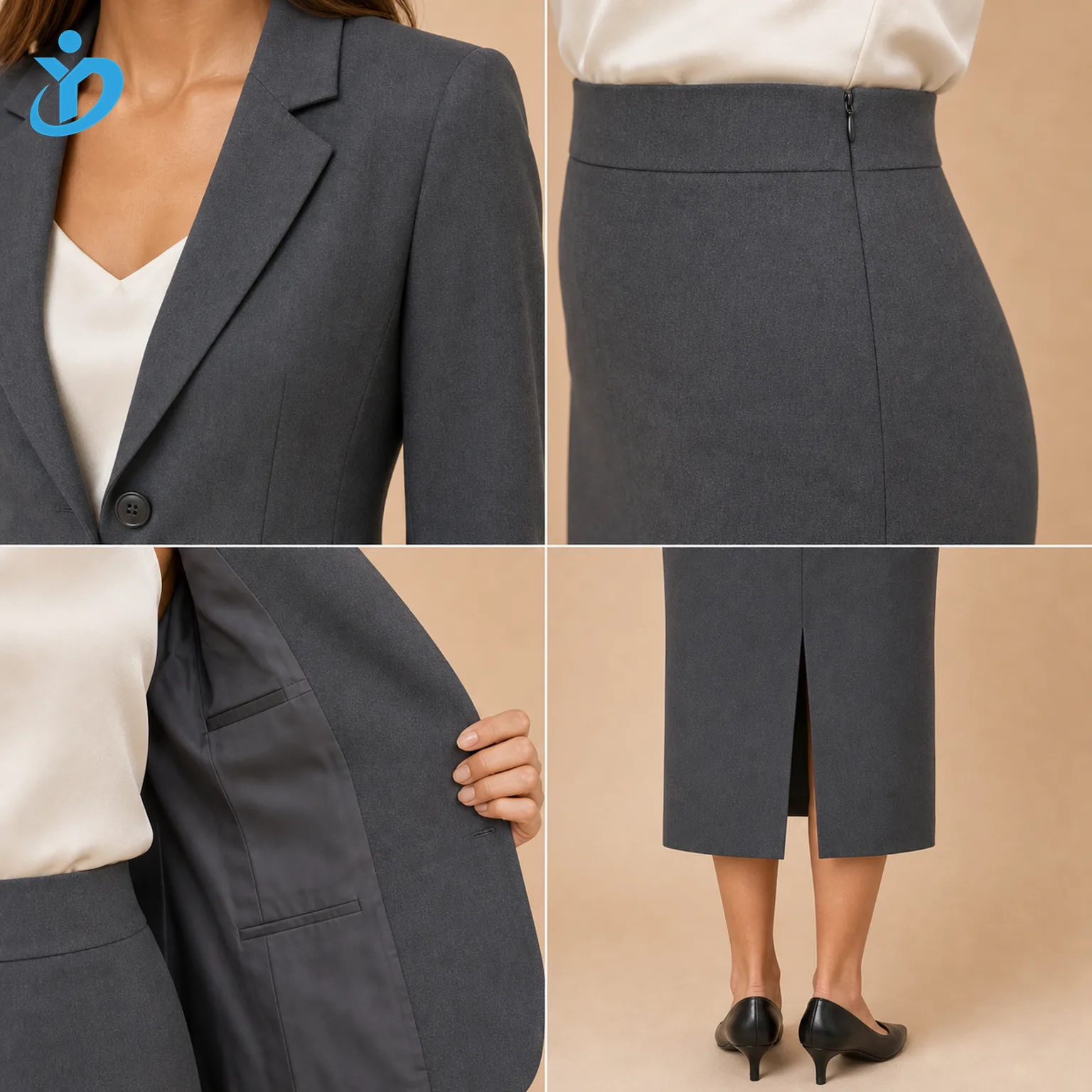 Custom womens skirt suit sets detail grid showing side invisible zipper fully lined construction high waist midi skirt back slit stretch fabric and Dongguan Yidi Clothing Co Ltd transparent logo