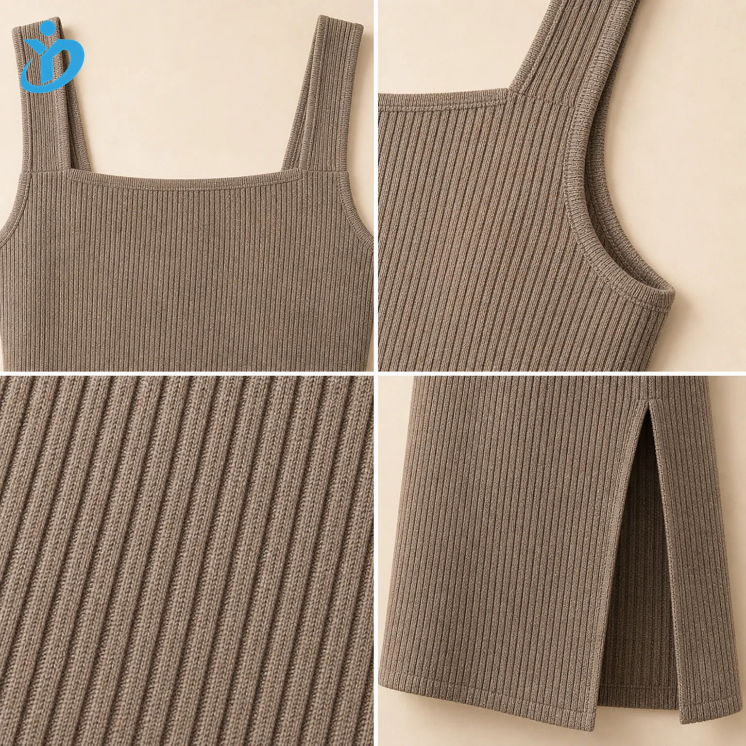 Custom womens sleeveless rib knit dress detail grid showing square neckline armhole strap rib texture side slit hem and Dongguan Yidi Clothing Co Ltd transparent logo