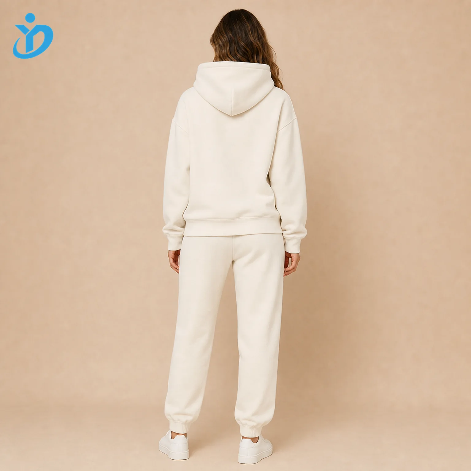 Custom Women's Solid Cream Hoodie Sweat Set back view with transparent company logo