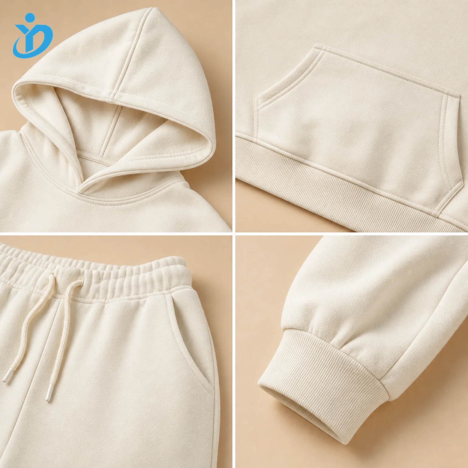 Custom Women's Solid Cream Hoodie Sweat Set detail grid with transparent company logo