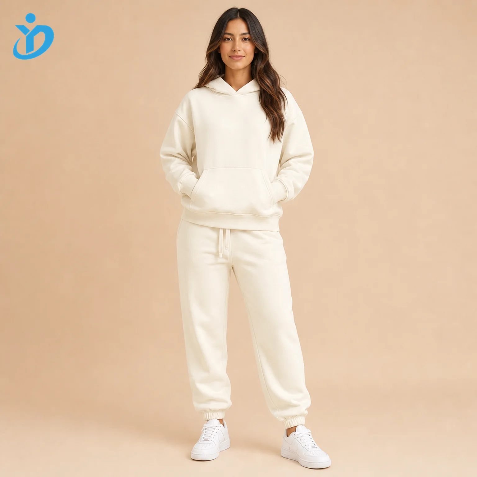 Custom Women's Solid Cream Hoodie Sweat Set front view with transparent company logo
