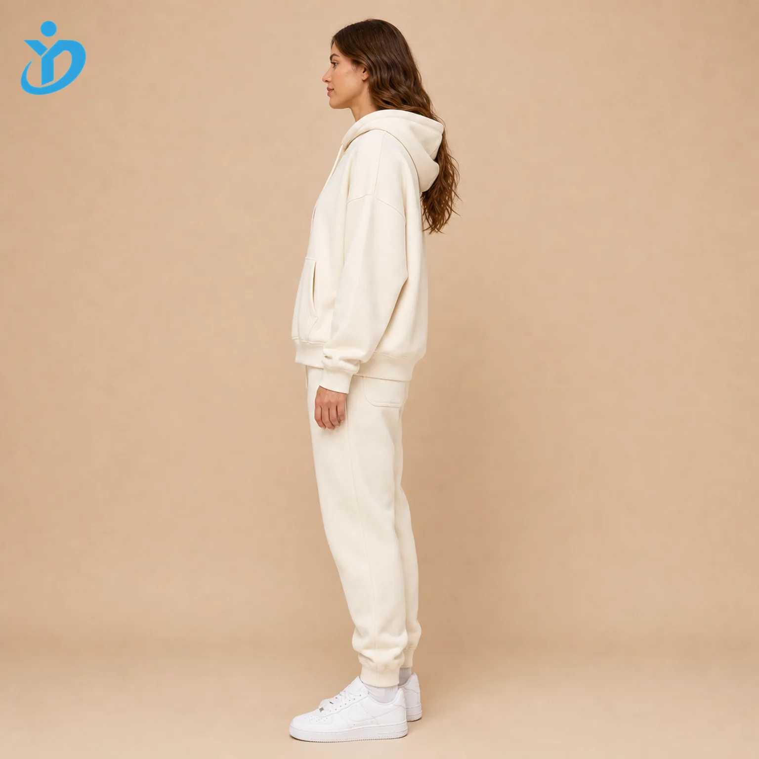 Custom Women's Solid Cream Hoodie Sweat Set side view with transparent company logo