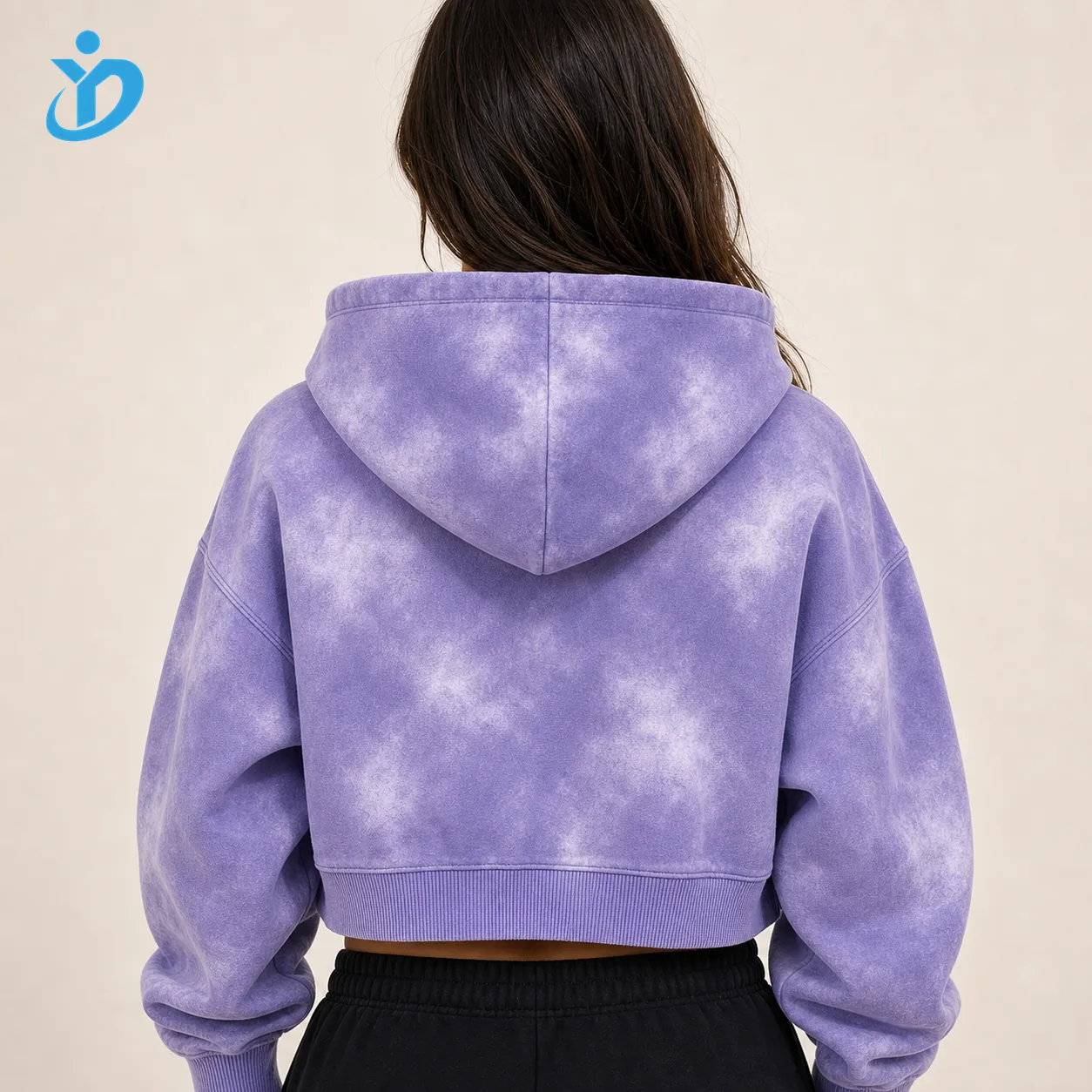 Custom womens purple spray wash zip hoodie back view upper body model for private label hoodie manufacturing with YIDI Clothing logo