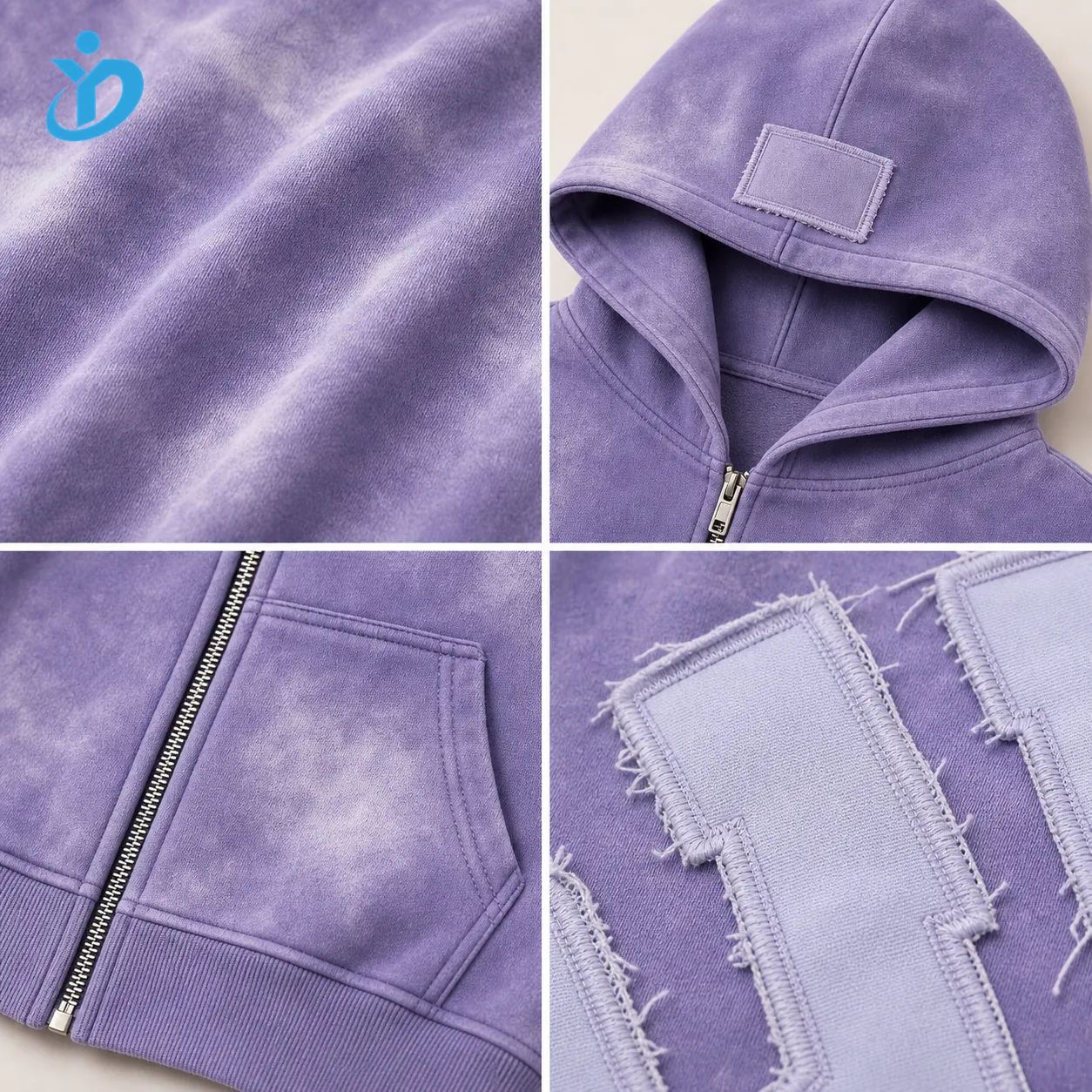 Custom womens purple spray wash zip hoodie fleece texture hood zipper pocket and blank applique patch details with YIDI Clothing logo
