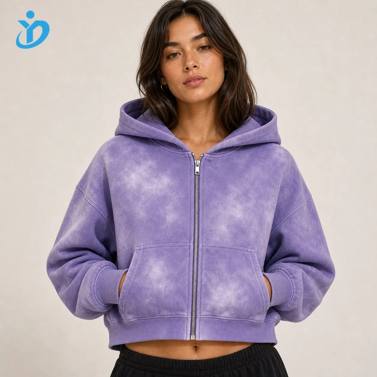Custom womens purple spray wash zip hoodie front view upper body model with clean logo free chest and YIDI Clothing logo