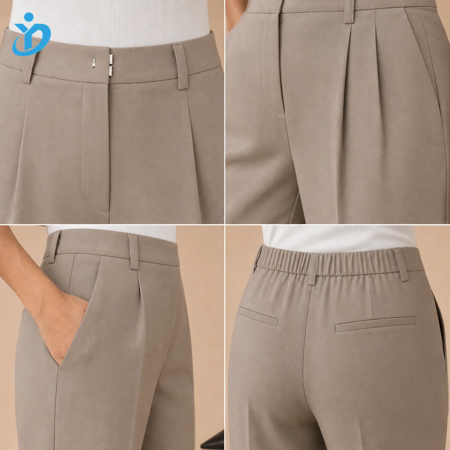 Custom womens straight leg pants detail grid showing hook and bar closure front pleats side pockets elastic back waist welt back pocket and Dongguan Yidi Clothing Co Ltd transparent logo