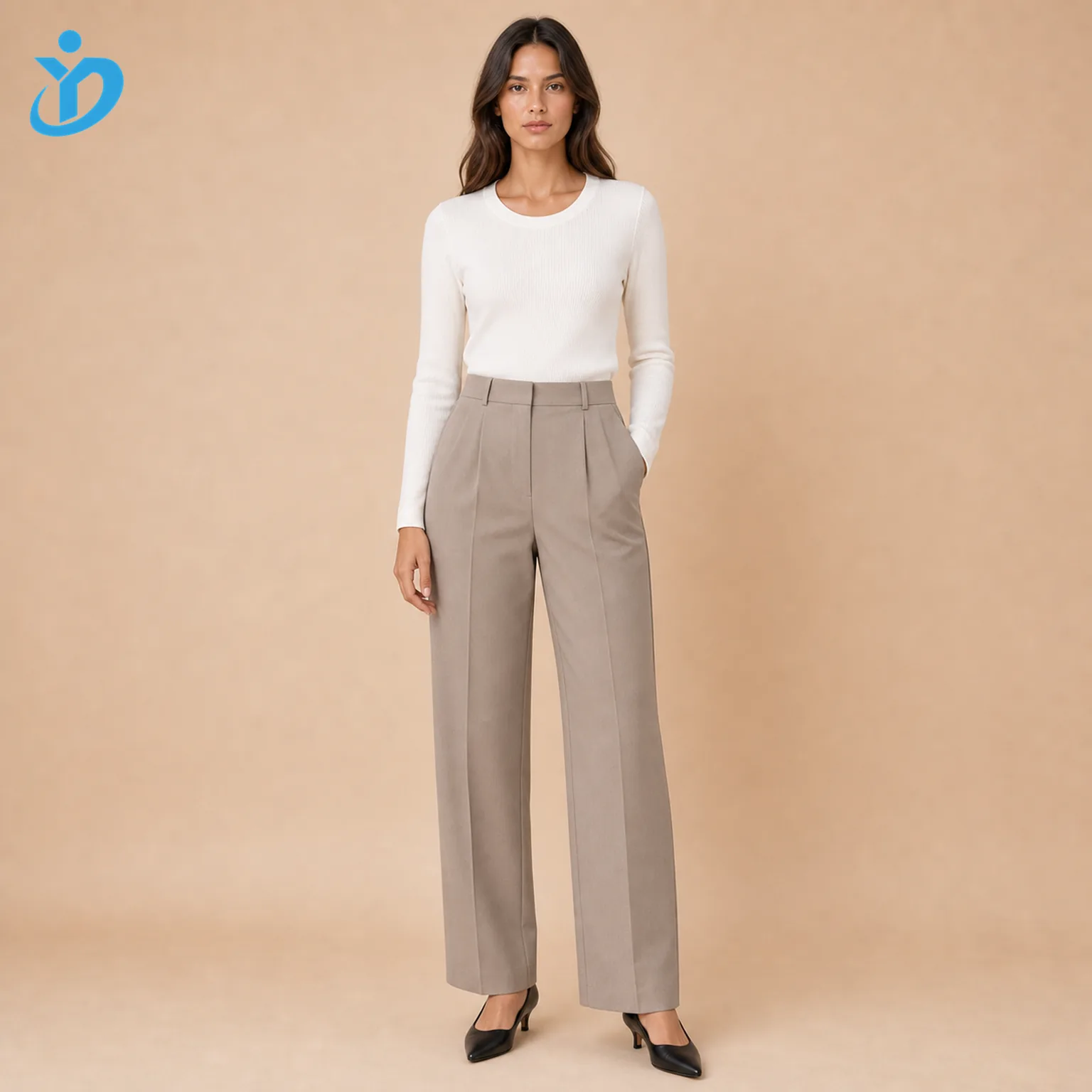 Custom womens straight leg pants front view with taupe beige straight leg cut front pleats hook and bar closure side pockets white top black heels and Dongguan Yidi Clothing Co Ltd transparent logo