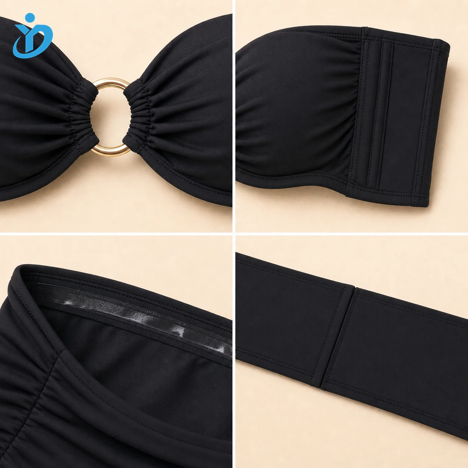 Custom womens strapless ring bandeau bikini set detail grid showing front metal ring side boning anti slip silicone gripper and Dongguan Yidi Clothing Co Ltd transparent logo