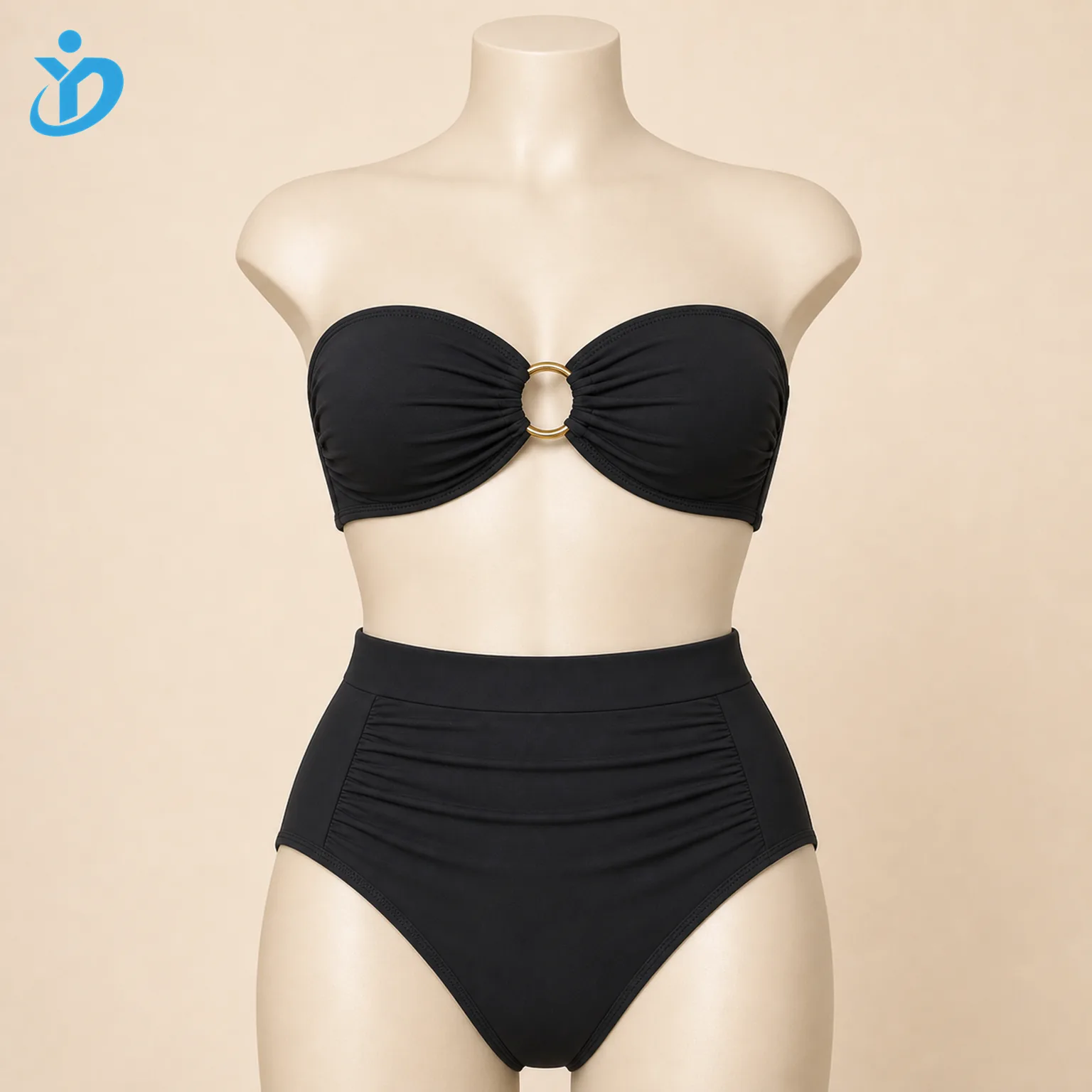 Custom womens strapless ring bandeau bikini set front view on mannequin with center metal ring high waist bottom and Dongguan Yidi Clothing Co Ltd transparent logo