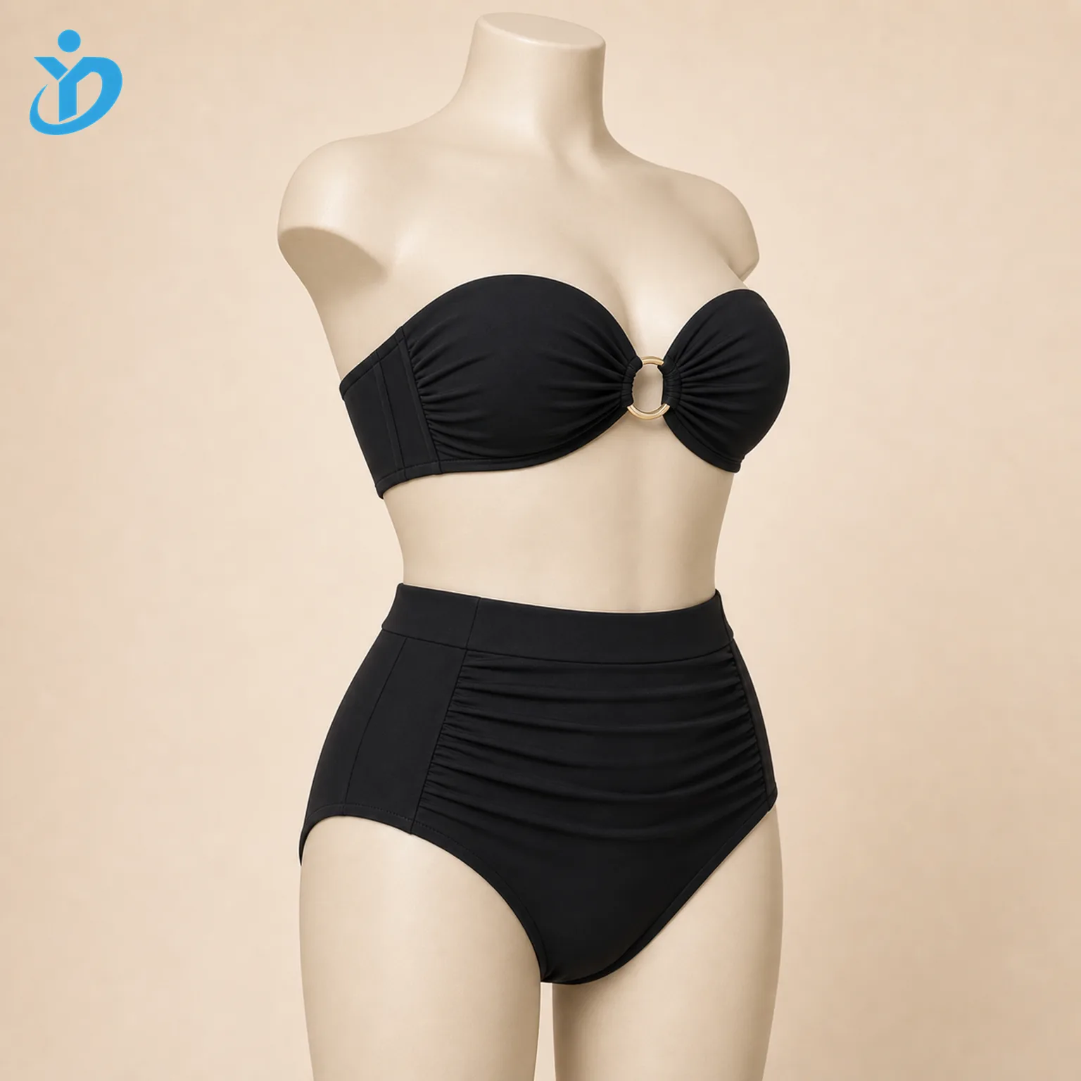 Custom womens strapless ring bandeau bikini set side view on mannequin showing side boning anti slip support and Dongguan Yidi Clothing Co Ltd transparent logo