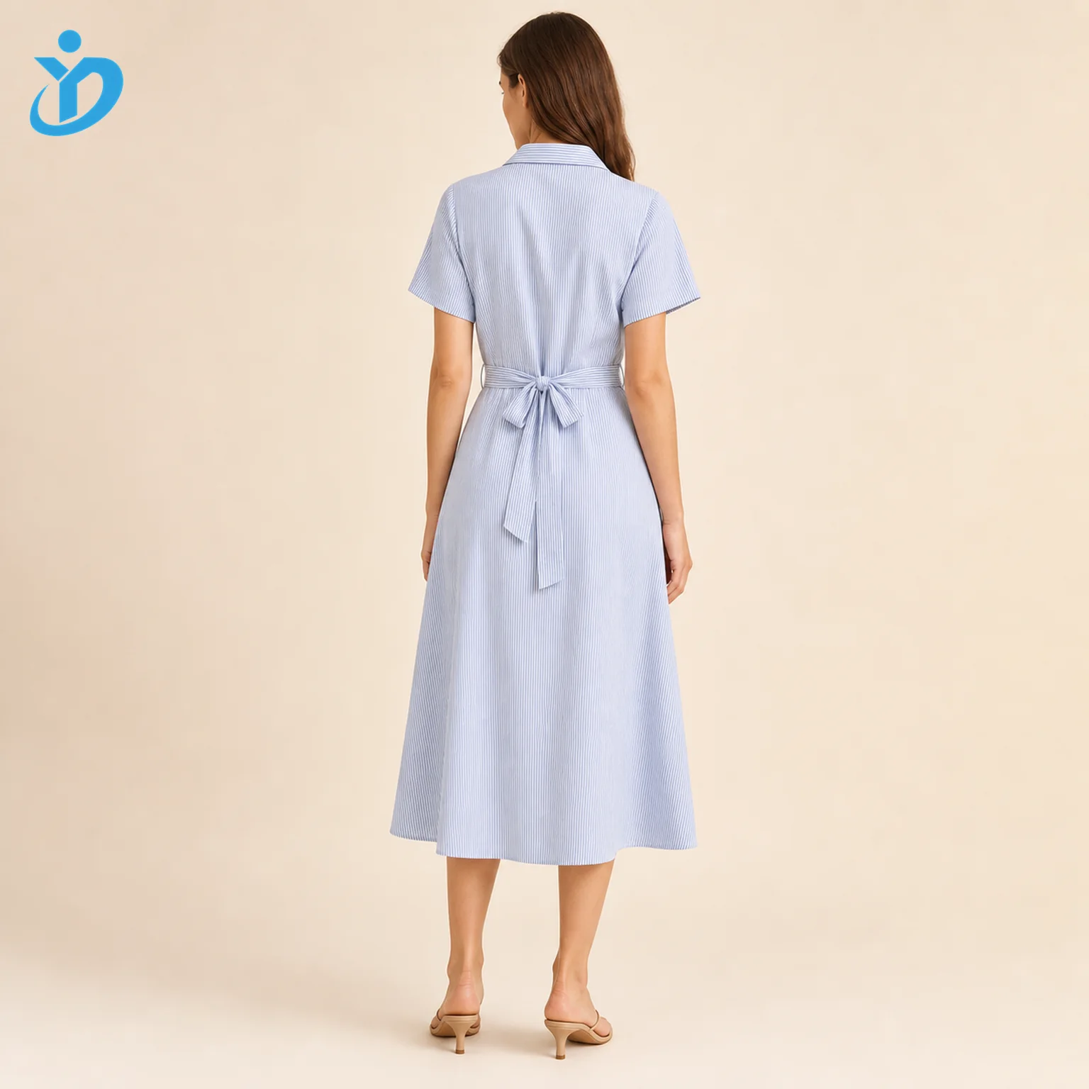 Custom womens striped shirt dress back view with waist tie midi length and Dongguan Yidi Clothing Co Ltd transparent logo