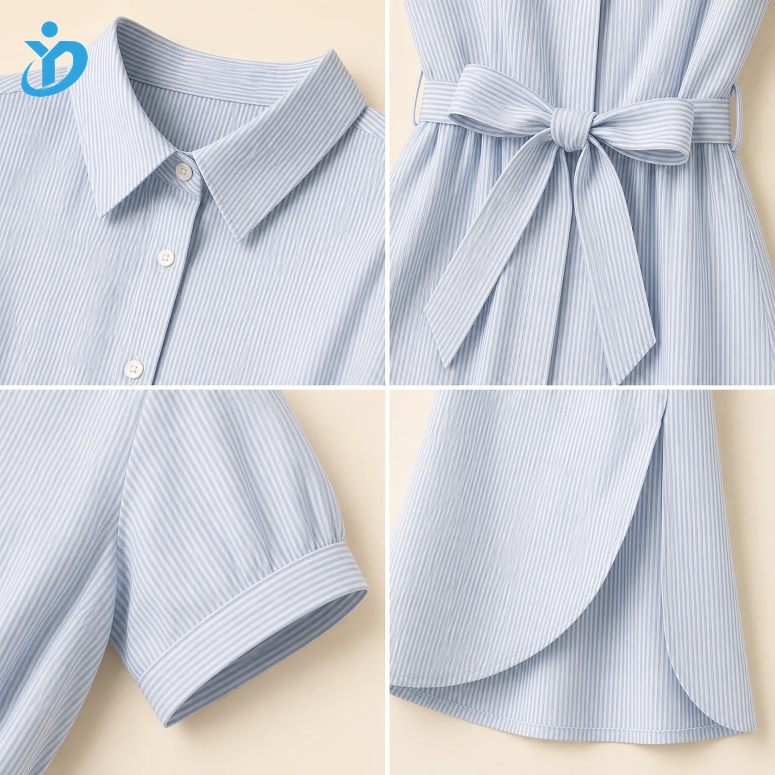 Custom womens striped shirt dress detail grid showing collar button placket waist tie sleeve cuff hem stitching and Dongguan Yidi Clothing Co Ltd transparent logo