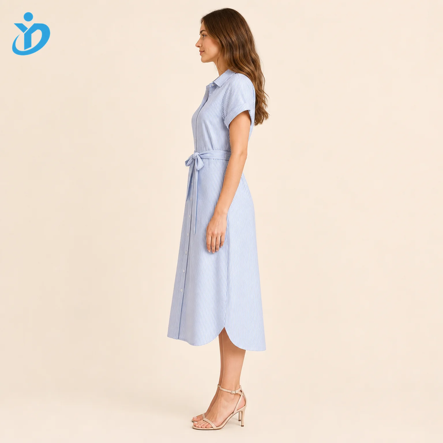 Custom womens striped shirt dress side view for private label casual dress manufacturing with Dongguan Yidi Clothing Co Ltd transparent logo
