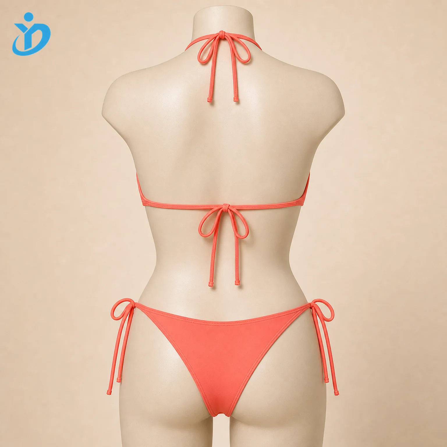 Custom womens triangle tie string bikini set back view on mannequin showing neck tie back tie side tie bottom and Dongguan Yidi Clothing Co Ltd transparent logo