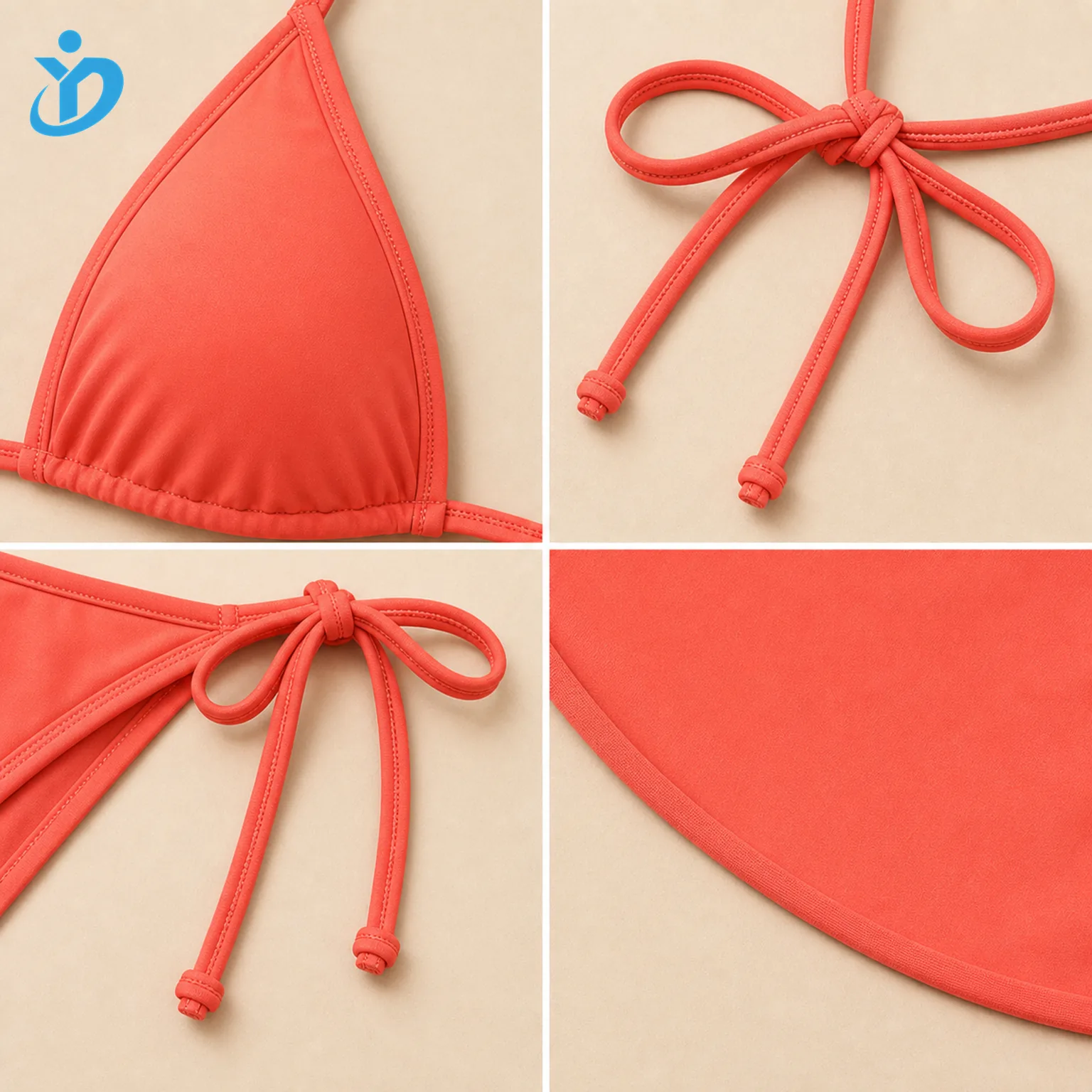 Custom womens triangle tie string bikini set detail grid showing triangle cup neck tie side tie bow seamless binding and Dongguan Yidi Clothing Co Ltd transparent logo