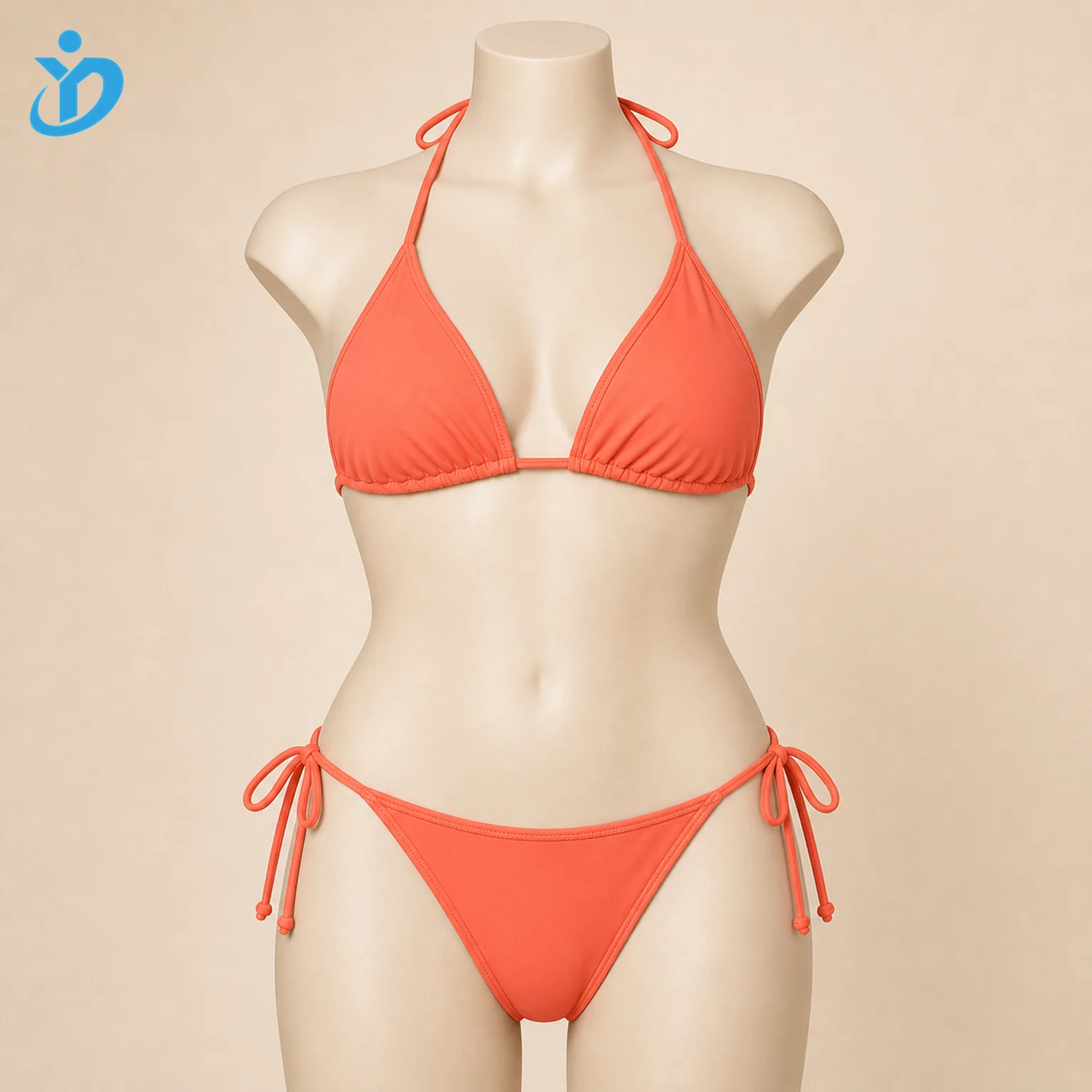 Custom womens triangle tie string bikini set front view on mannequin with neck tie straps side tie bottom seamless binding and Dongguan Yidi Clothing Co Ltd transparent logo