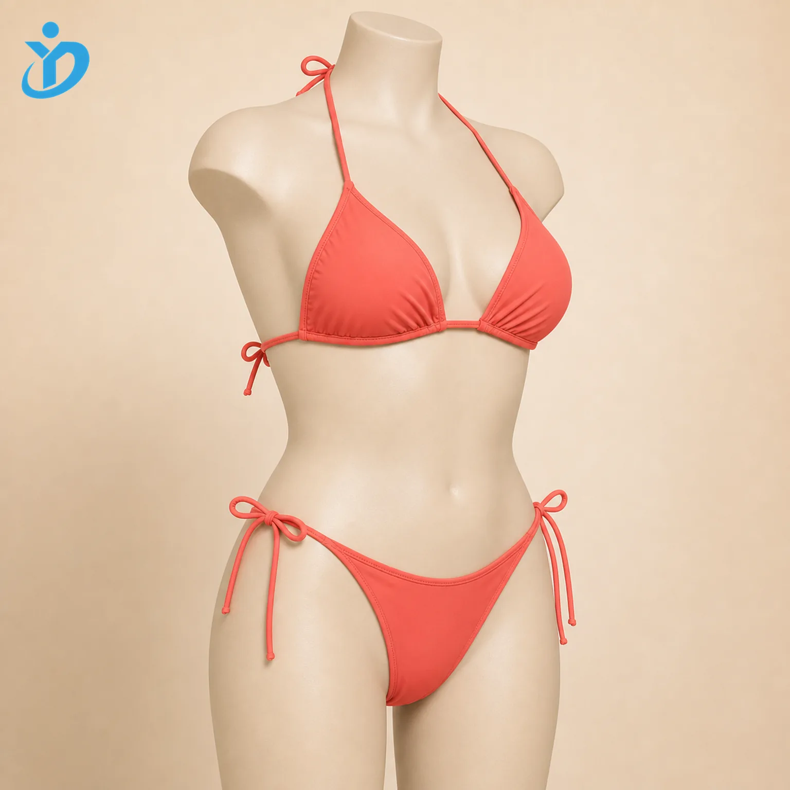 Custom womens triangle tie string bikini set side view on mannequin showing thin tie straps side tie bottom smooth edge binding and Dongguan Yidi Clothing Co Ltd transparent logo