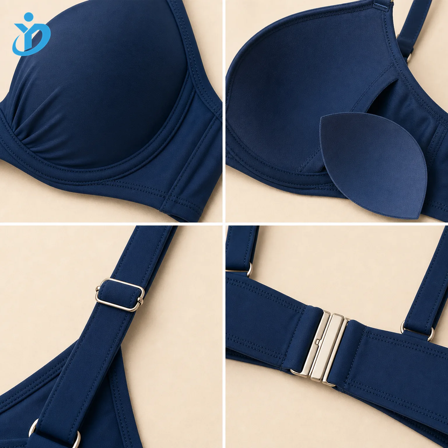 Custom womens underwire support bikini set detail grid showing underwire cup removable pad adjustable strap metal back clasp and Dongguan Yidi Clothing Co Ltd transparent logo