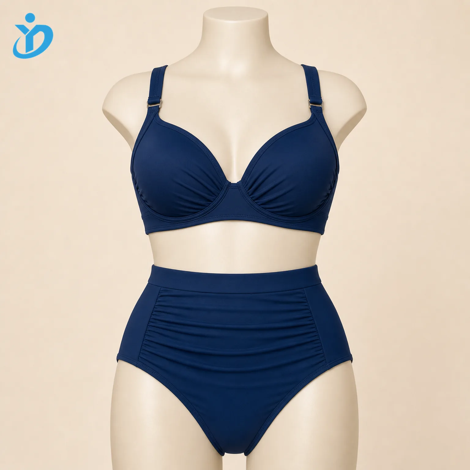 Custom womens underwire support bikini set front view on mannequin with structured cups adjustable straps high waist bottom and Dongguan Yidi Clothing Co Ltd transparent logo