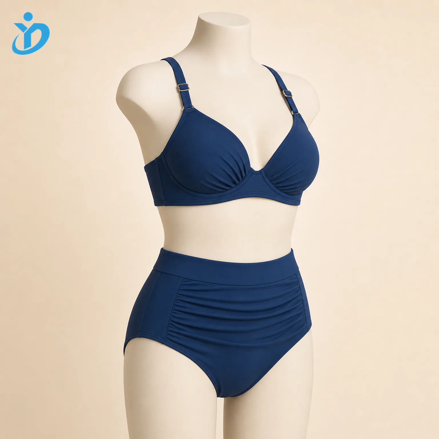 Custom womens underwire support bikini set side view on mannequin showing cup support side seam wide underband and Dongguan Yidi Clothing Co Ltd transparent logo