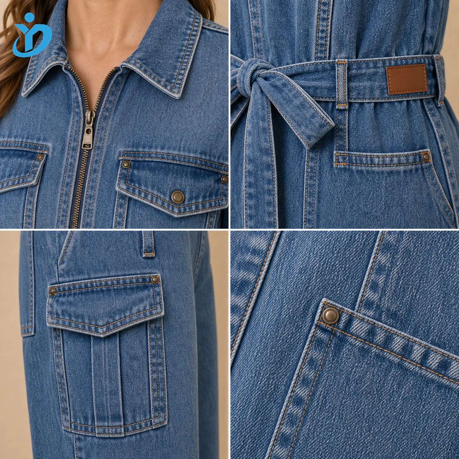 Custom womens utility denim jumpsuit detail grid showing metal zipper waist belt leather patch cargo pocket rivets contrast stitching bartack reinforcement and Dongguan Yidi Clothing Co Ltd transparent logo