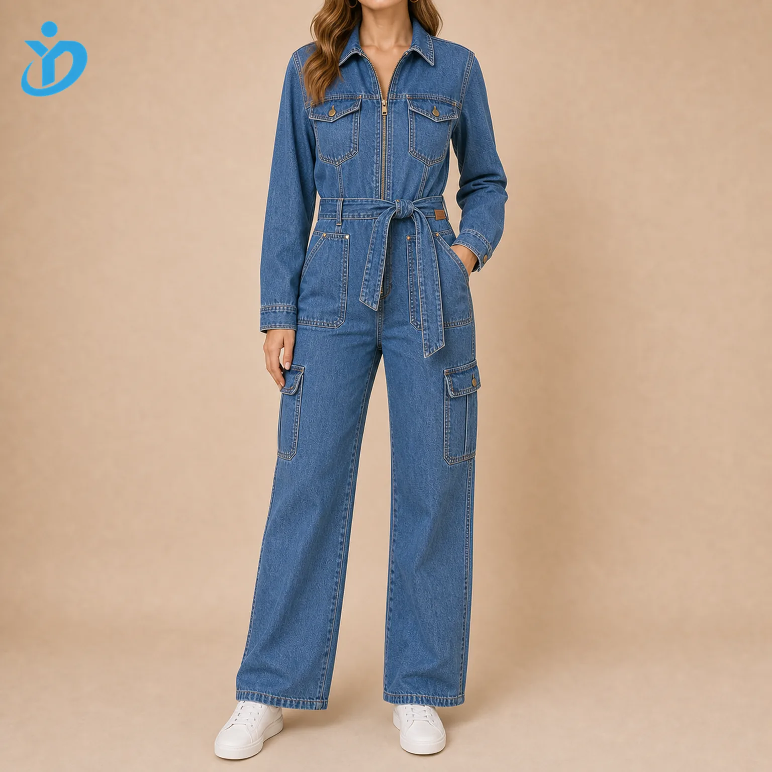 Custom womens utility denim jumpsuit front view with multi pocket waist belt shirt collar metal zipper straight leg rivets contrast stitching and Dongguan Yidi Clothing Co Ltd transparent logo
