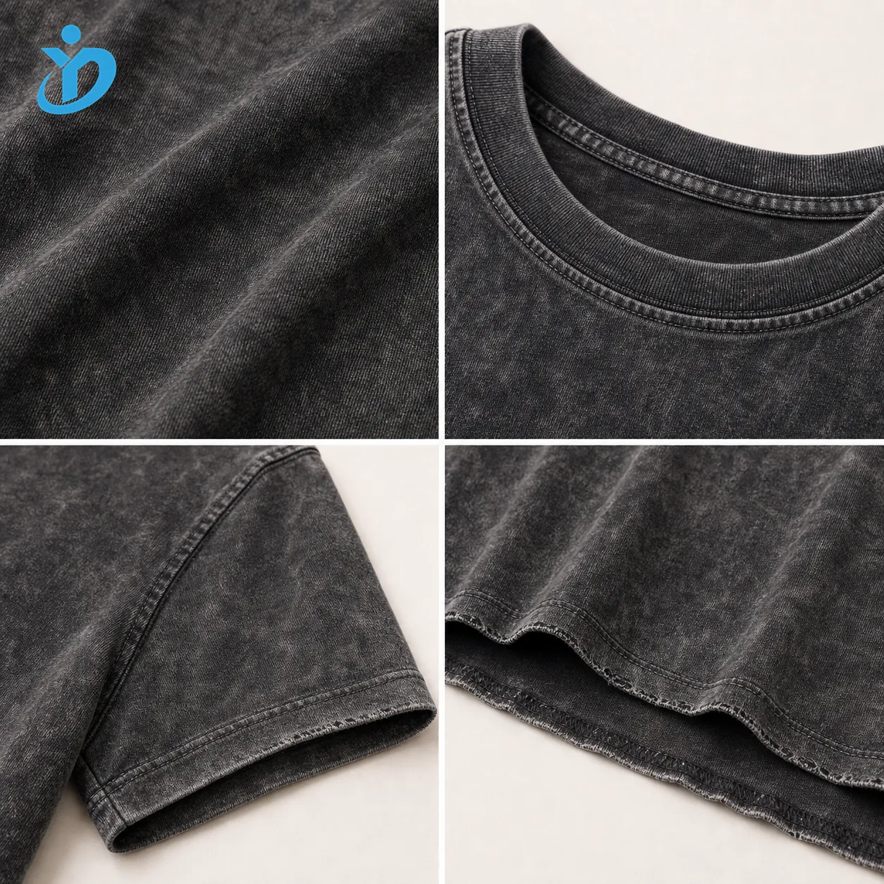Custom womens vintage washed crop T shirt acid wash fabric neckline sleeve and cropped hem details with YIDI Clothing logo