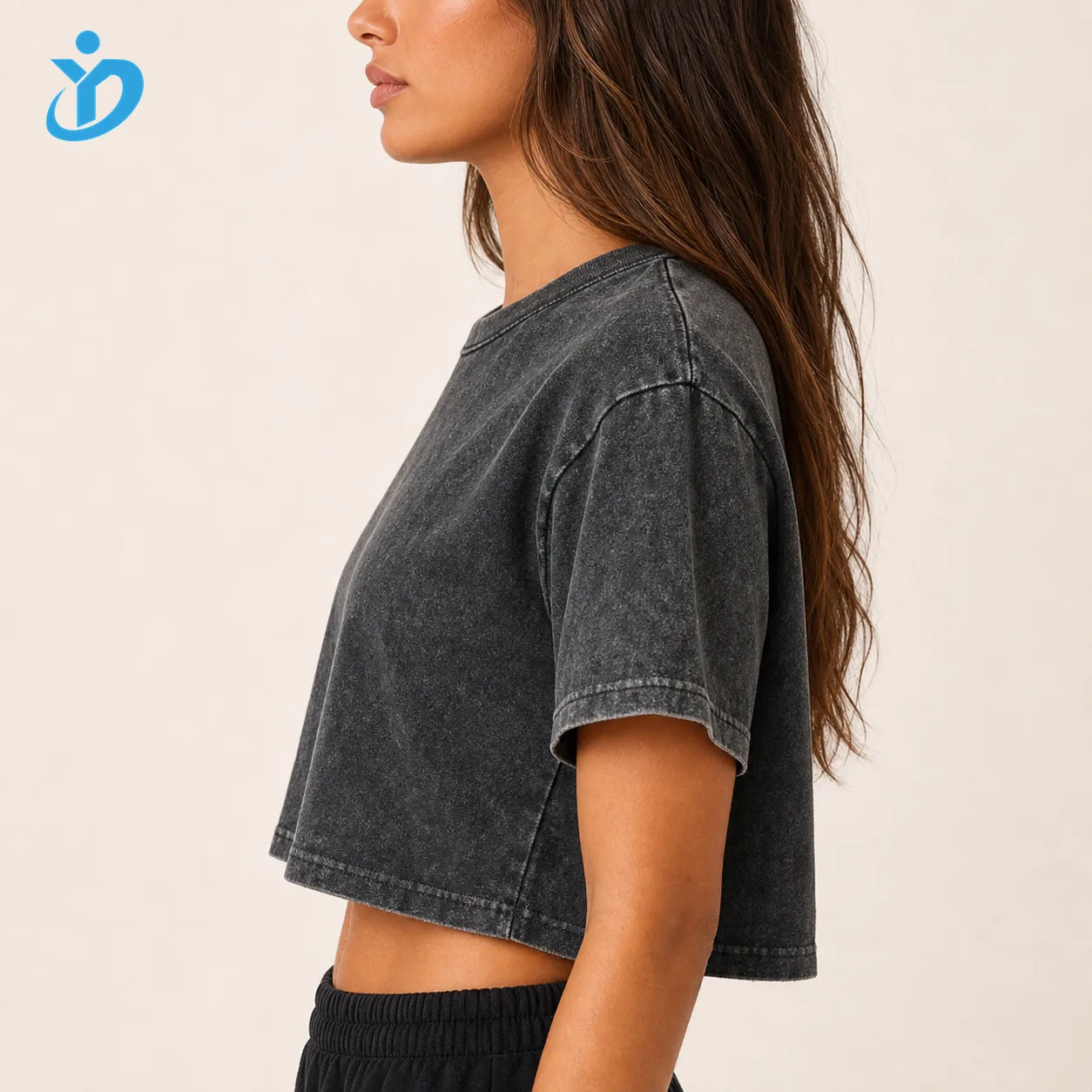 Custom womens vintage washed crop T shirt side view from China OEM ODM T shirt manufacturer with YIDI Clothing logo