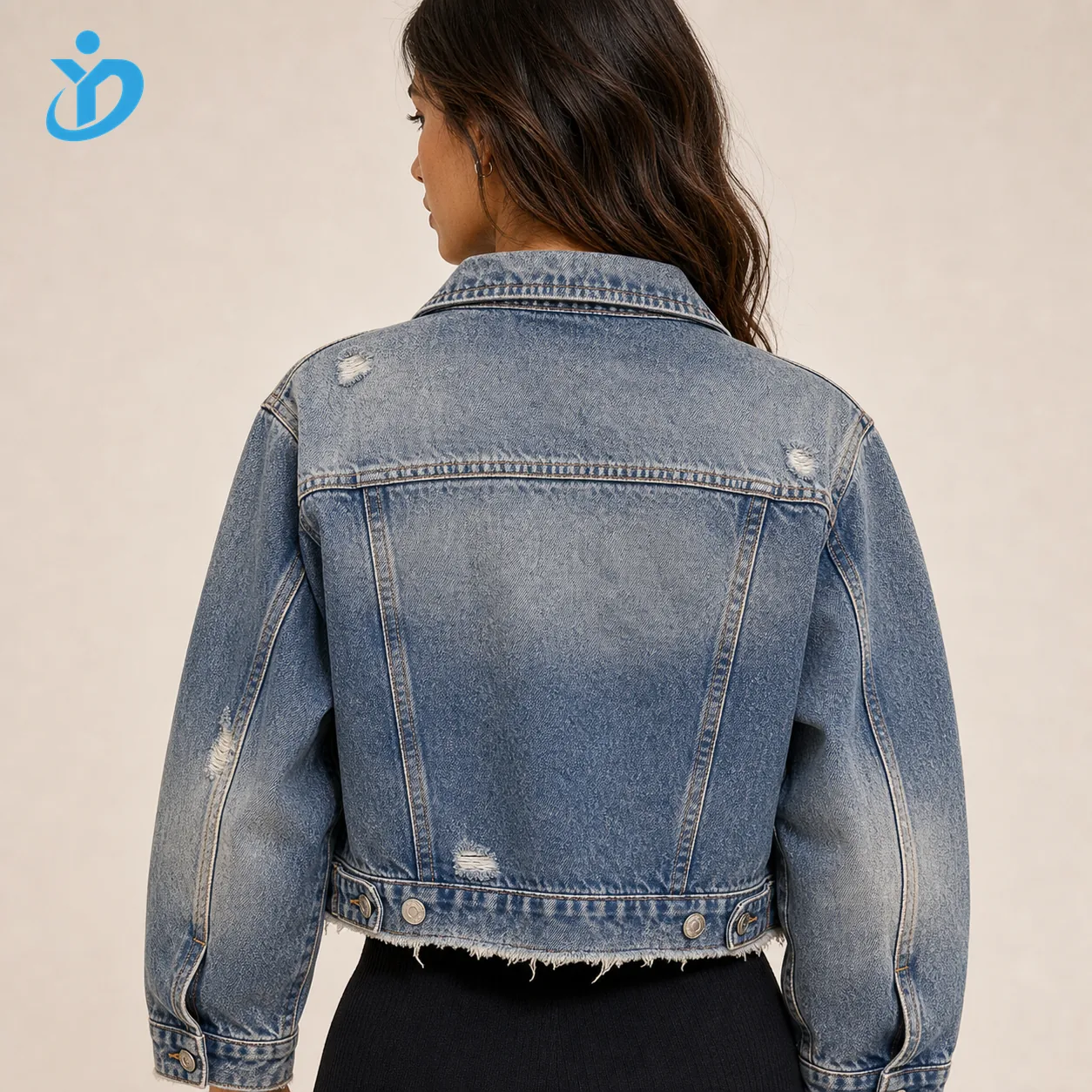 Custom womens vintage washed denim jacket back view upper body model for private label denim jacket manufacturing with YIDI Clothing logo