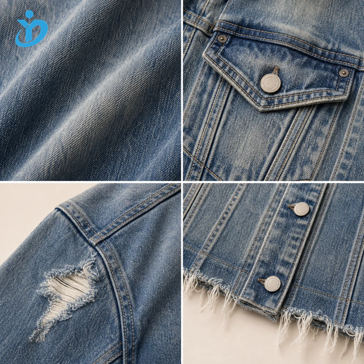Custom womens vintage washed denim jacket fabric pocket metal button distressed tear and frayed hem details with YIDI Clothing logo