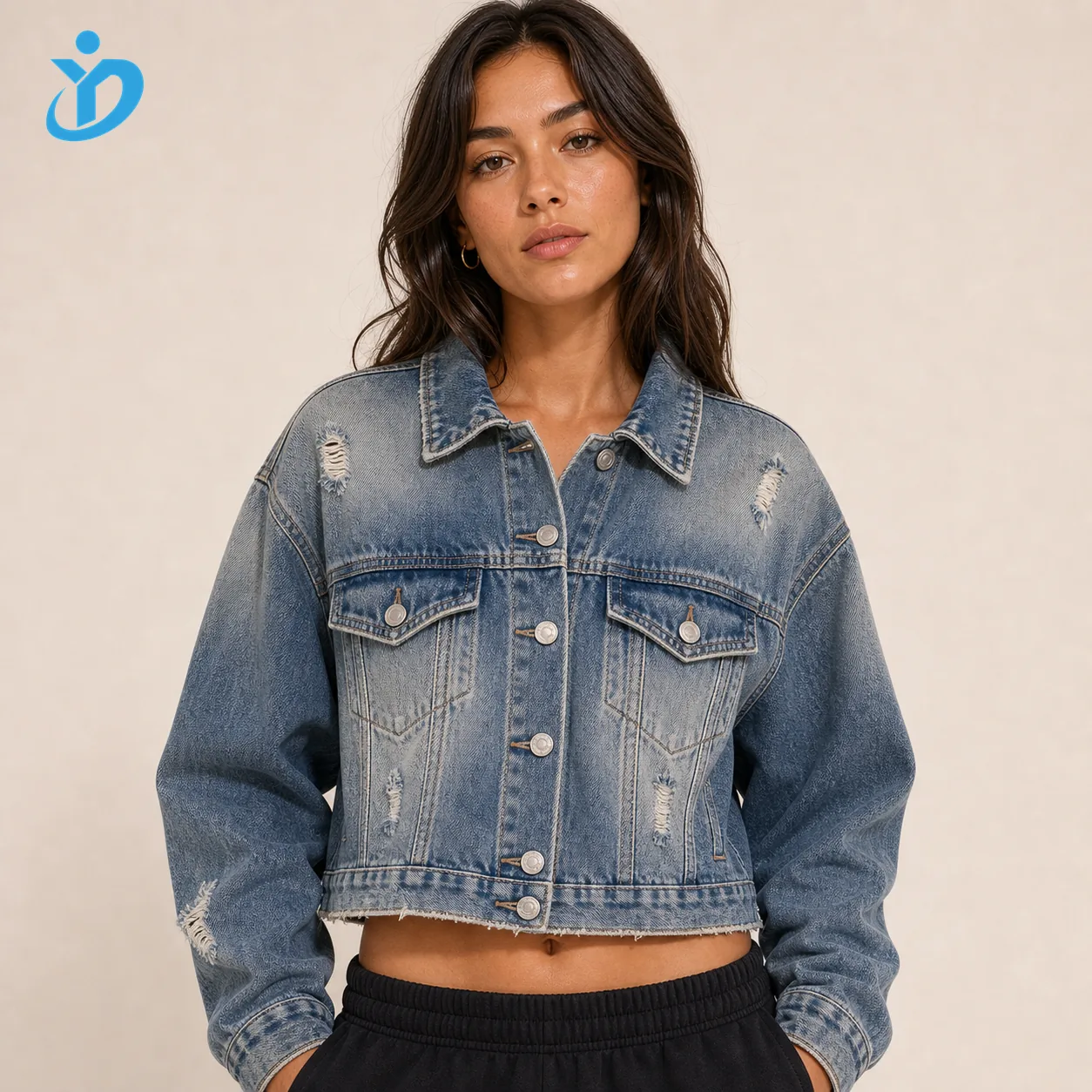 Custom womens vintage washed denim jacket front view upper body model with distressed wash and YIDI Clothing logo