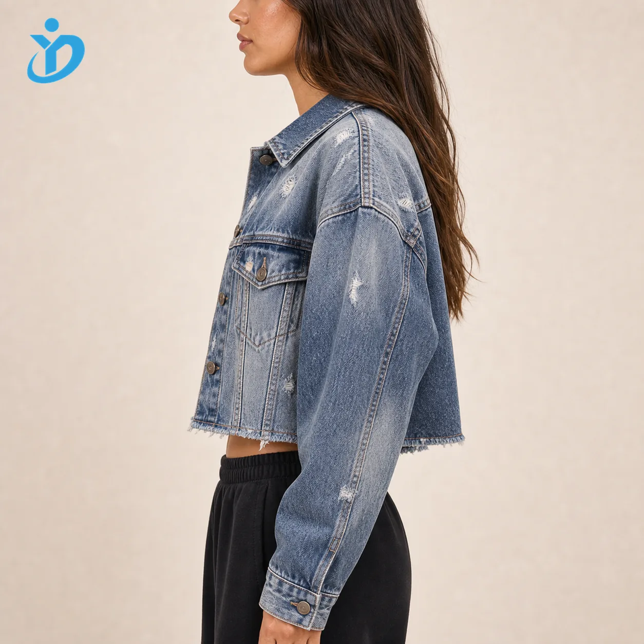Custom womens vintage washed denim jacket side view upper body model from China OEM ODM denim jacket manufacturer with YIDI Clothing logo