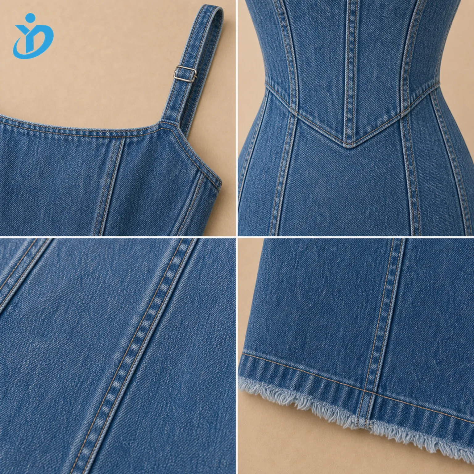 Custom womens washed denim corset dress detail grid showing square neckline adjustable strap corset waist washed denim texture raw edge hem and Dongguan Yidi Clothing Co Ltd transparent logo