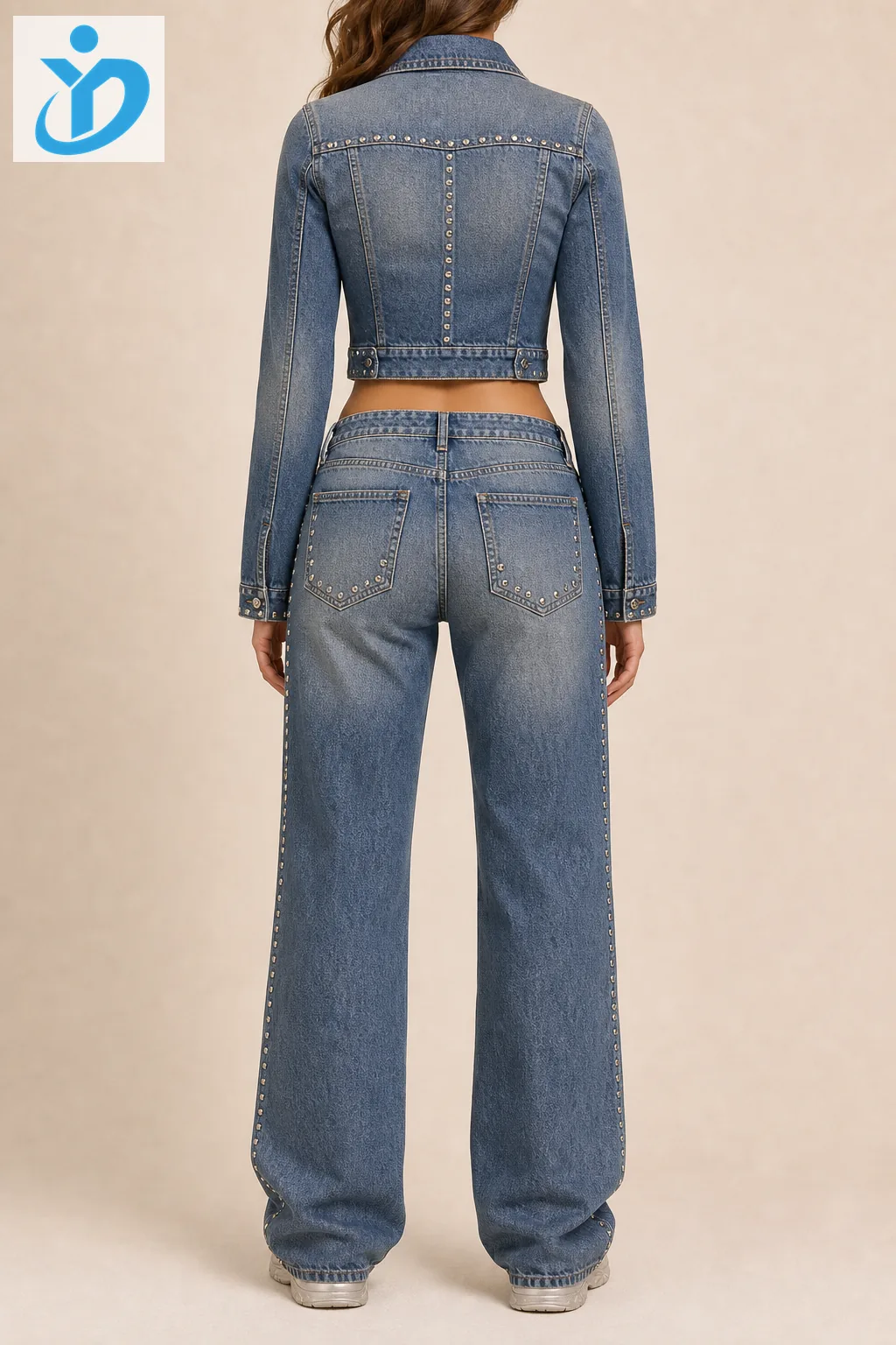 Custom womens Y2K denim jacket and jeans set back view with cropped jacket straight leg jeans and Dongguan Yidi Clothing Co Ltd logo
