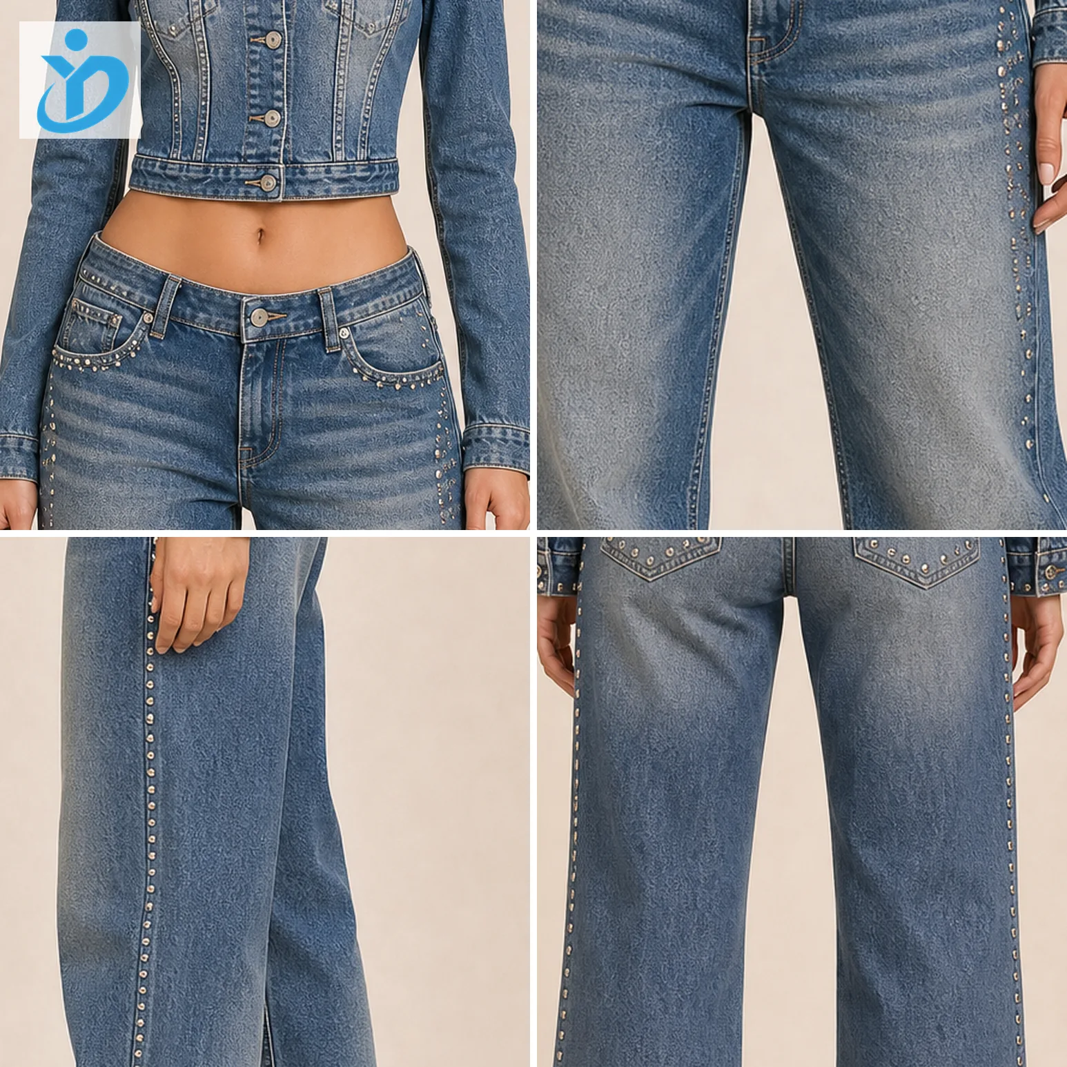Custom womens Y2K denim jacket and jeans set detail grid showing denim wash pockets seams studs rhinestones and Dongguan Yidi Clothing Co Ltd logo