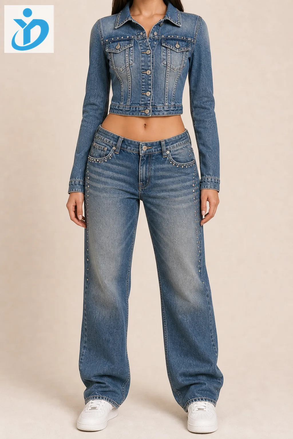 Custom womens Y2K denim jacket and jeans set front view with cropped denim jacket low rise jeans rhinestone details and Dongguan Yidi Clothing Co Ltd logo
