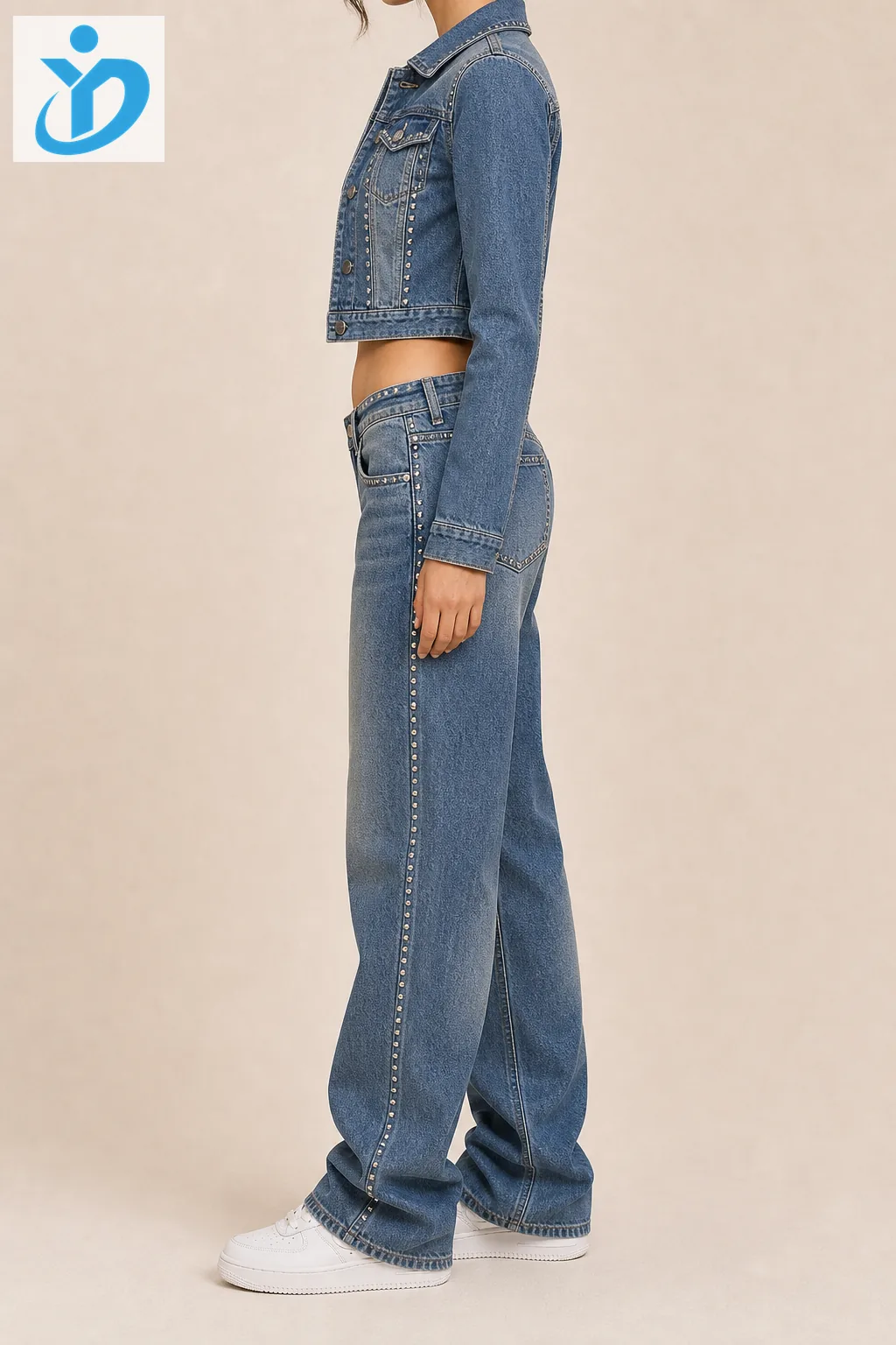 Custom womens Y2K denim jacket and jeans set side view for private label denim set manufacturing with Dongguan Yidi Clothing Co Ltd logo
