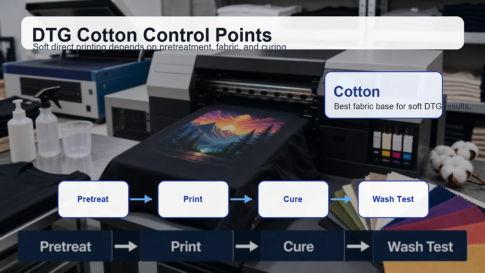 DTG cotton garment printing control points including pretreatment print curing and wash testing