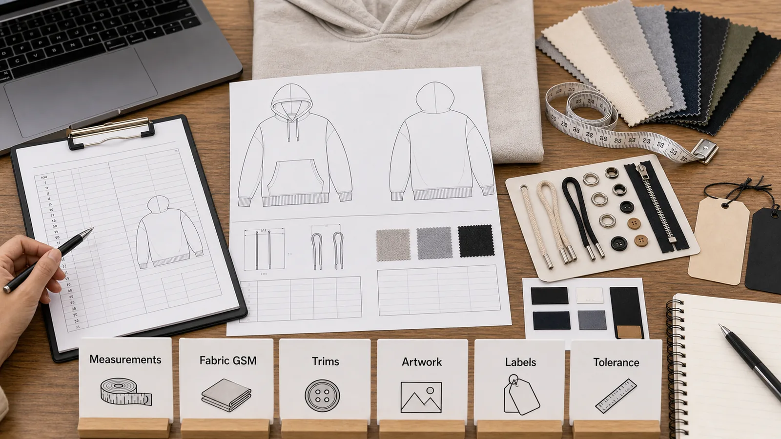 First clothing tech pack checklist with measurements fabric GSM trims artwork labels and tolerance