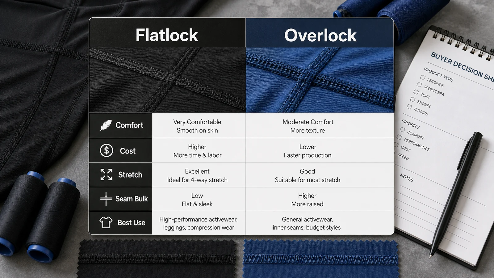 Comparison of flatlock stitching and overlock stitching for activewear seams