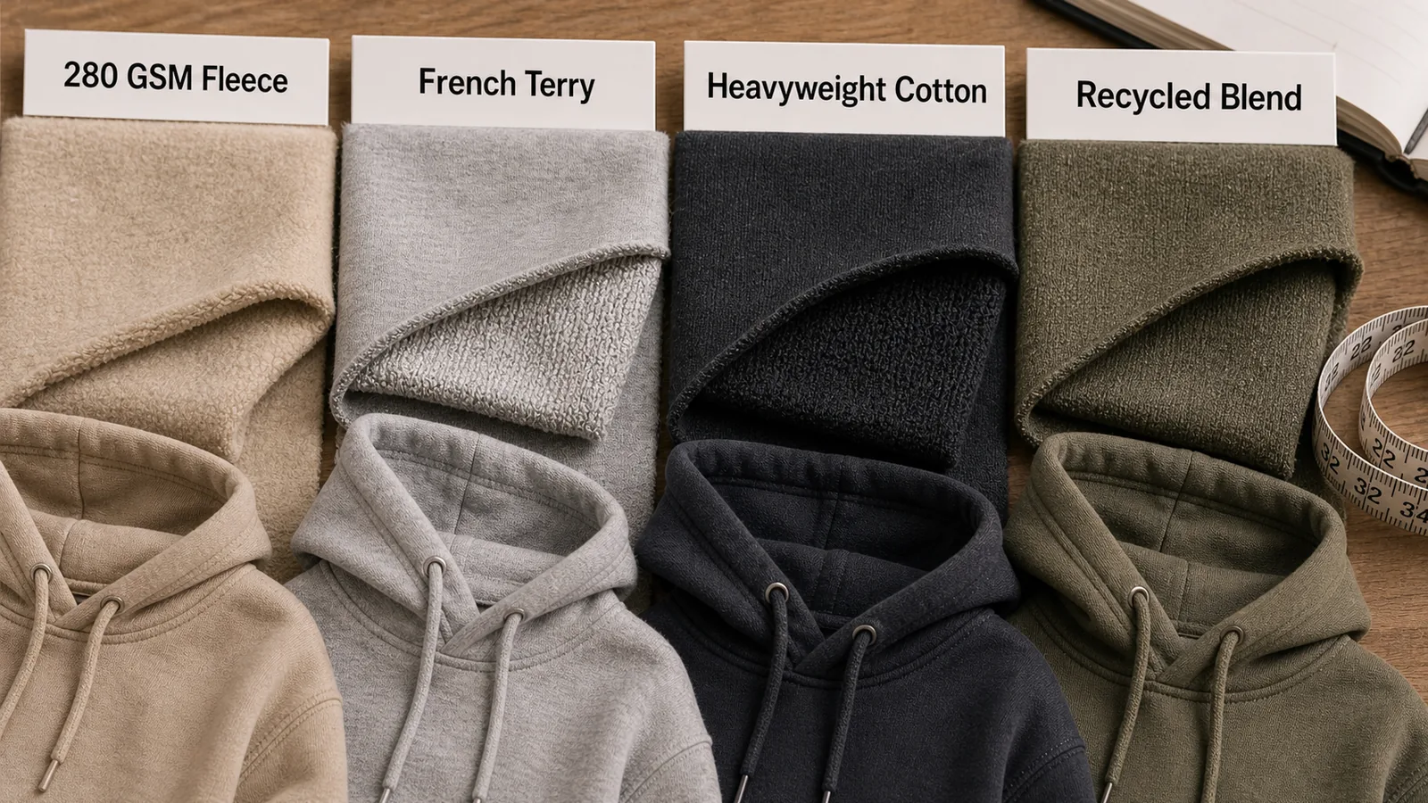 Hoodie fabric GSM cost comparison with fleece French terry heavyweight cotton and recycled blend swatches