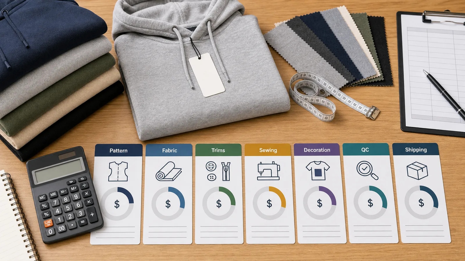Hoodie manufacturing cost breakdown showing pattern fabric trims sewing decoration QC and shipping