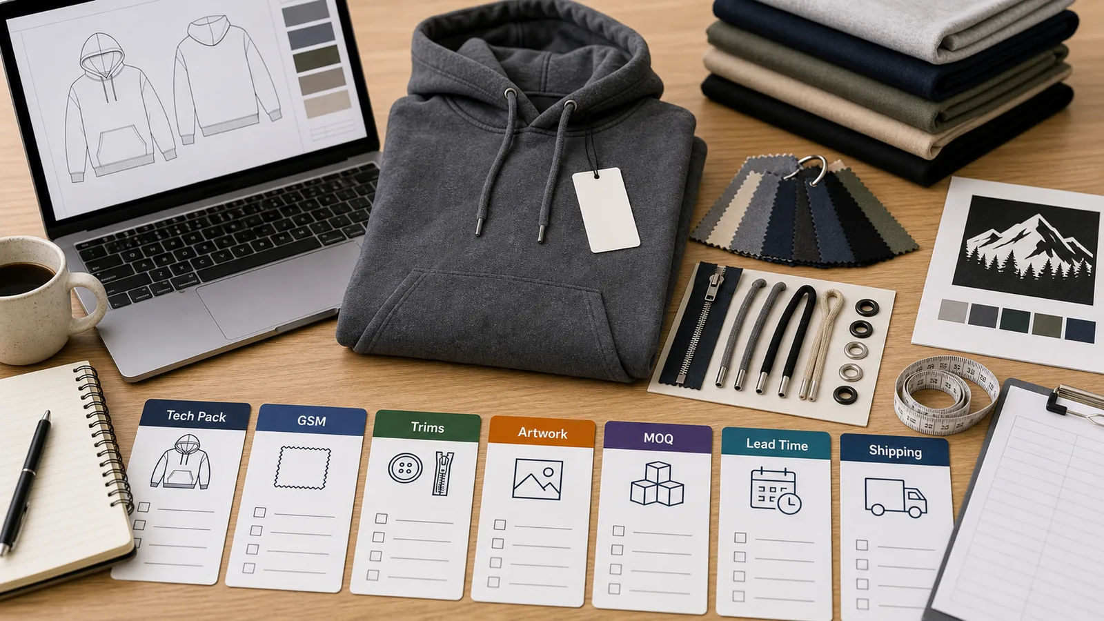 Hoodie quote request checklist with tech pack GSM trims artwork MOQ lead time and shipping