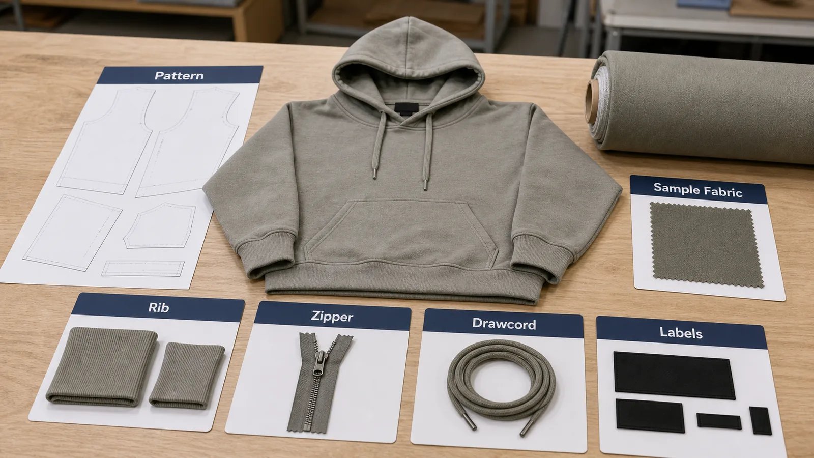 Hoodie sample development cost with pattern making sample fabric rib zipper drawcord and labels