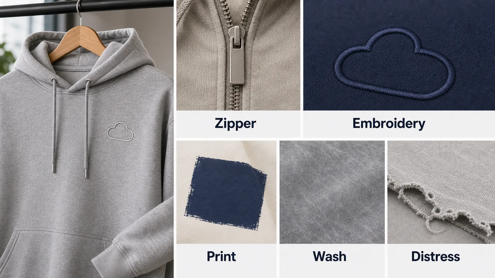 Hoodie trims and decoration cost options including zipper embroidery print wash and distressed finish