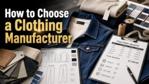How to choose a clothing manufacturer cover image with garments tech pack and factory selection visuals