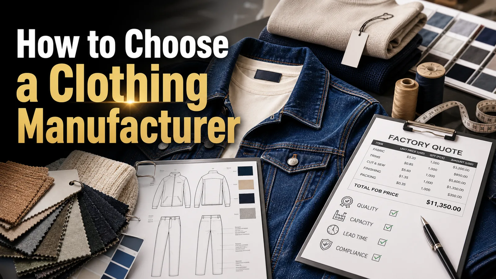 How to choose a clothing manufacturer cover image with garments tech pack and factory selection visuals