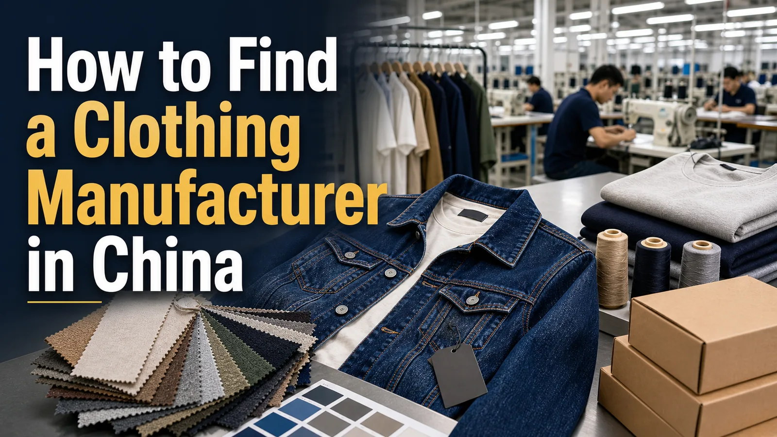 How to find a clothing manufacturer in China cover image with sourcing desk factory and garment samples