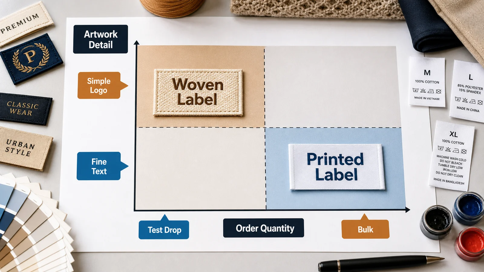 Cost and MOQ decision chart comparing woven labels and printed labels for clothing brands