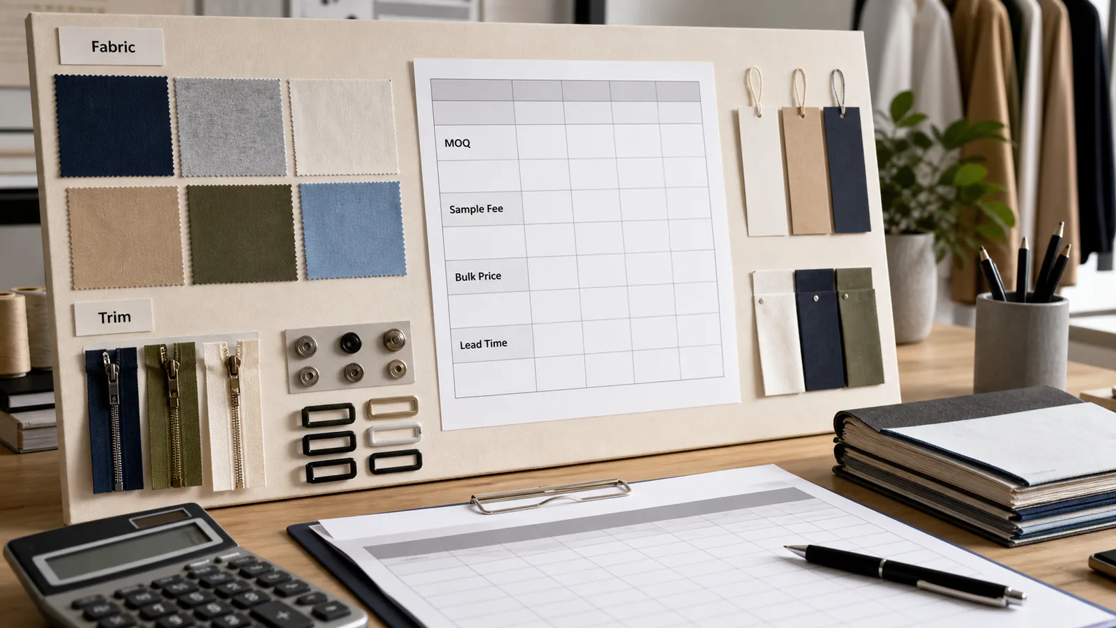 MOQ quotation review board for fabric trim sample fee bulk price and lead time